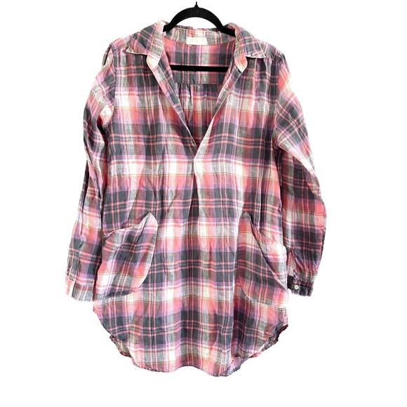 CP Shades Tops - CP SHADES Pink Purple Plaid Linen Teton Tunic Dress Shirt Boho Cottagecore Sz XS